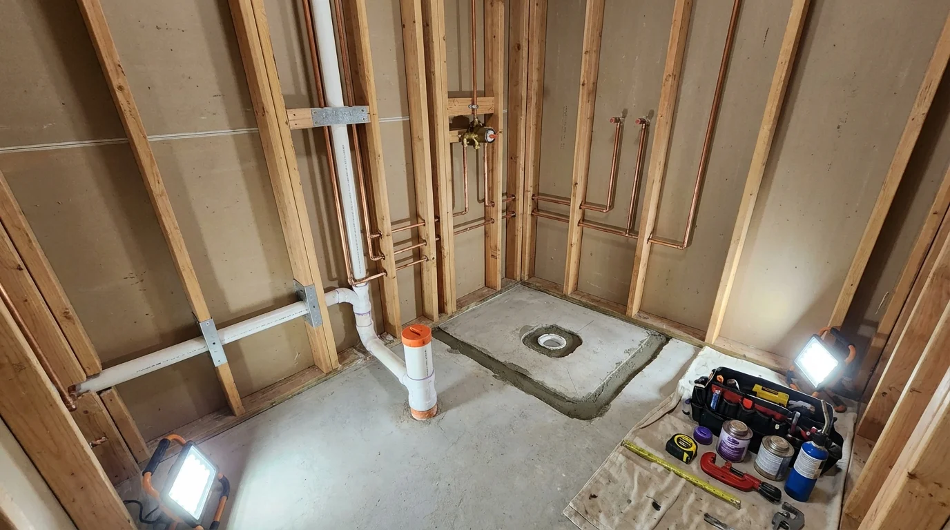 Bathroom rough-in plumbing during remodel by Johns Plumbing LLC in Belfair