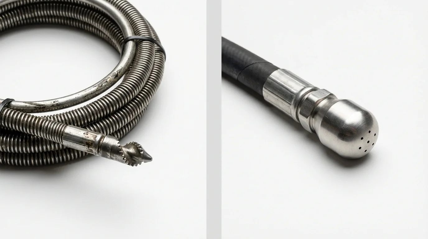 Drain snake cable and hydro jetting nozzle used for drain cleaning in Belfair, WA