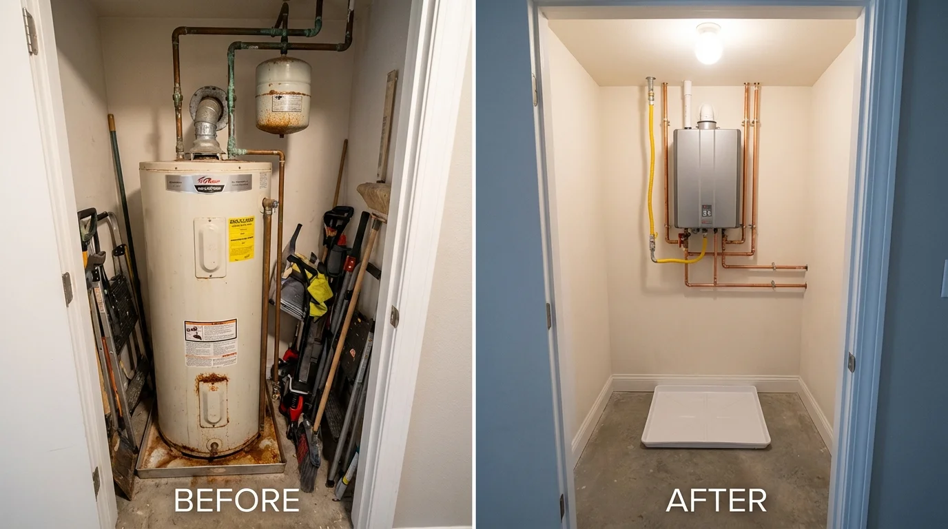 Tank water heater versus wall-mounted tankless unit comparison for Belfair, WA homeowners