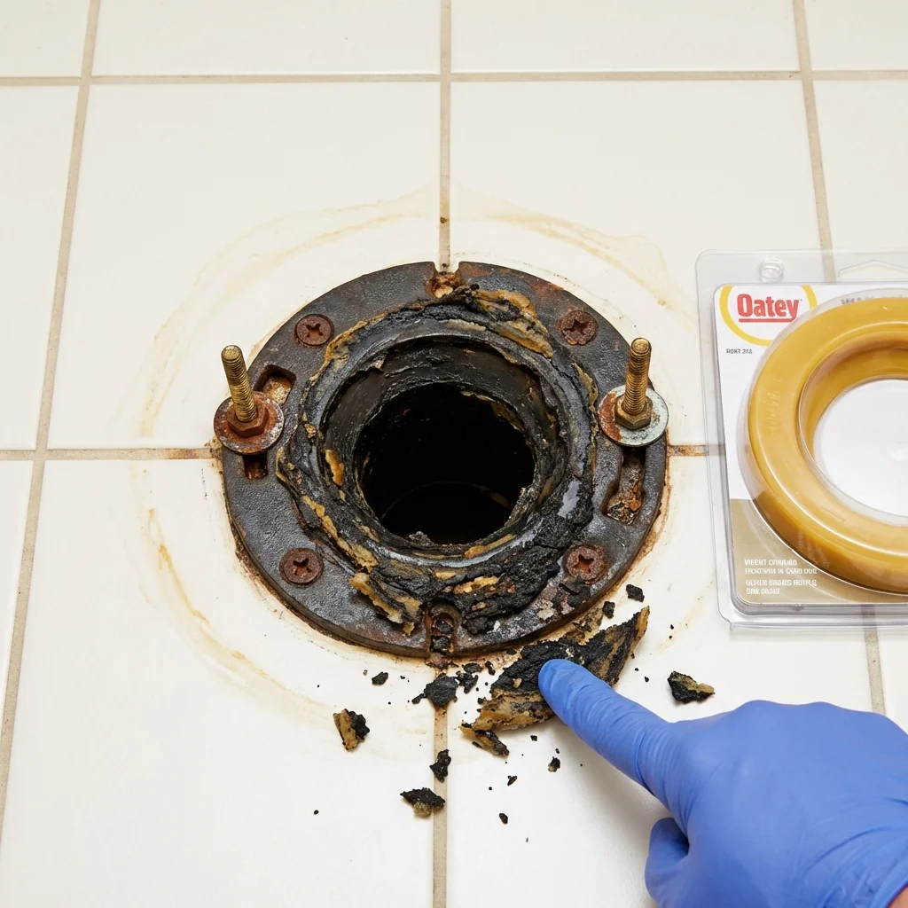 Failed wax ring showing water seepage at the base of a toilet in a Belfair, WA home